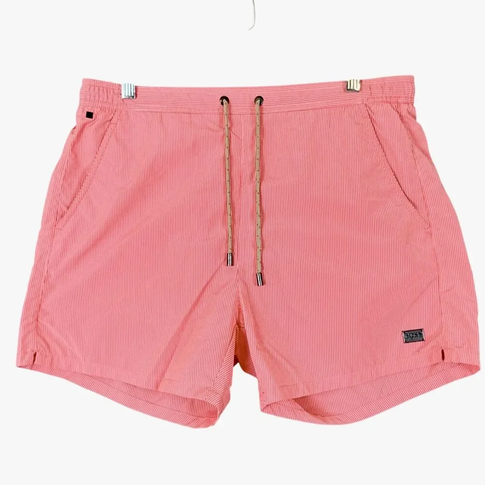 Hugo Boss Batfish Swim Trunk Mens L Coral Color with Pinstripes Pockets Lined